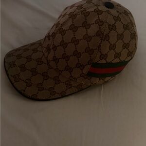 Gucci Brown Monogram Baseball Cap with Green and Red Web Stripe